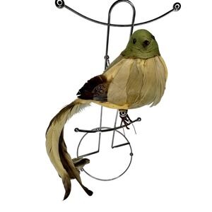 Natural Feather Bird Figurine Long Tail Decorative Home Decor Green Brown